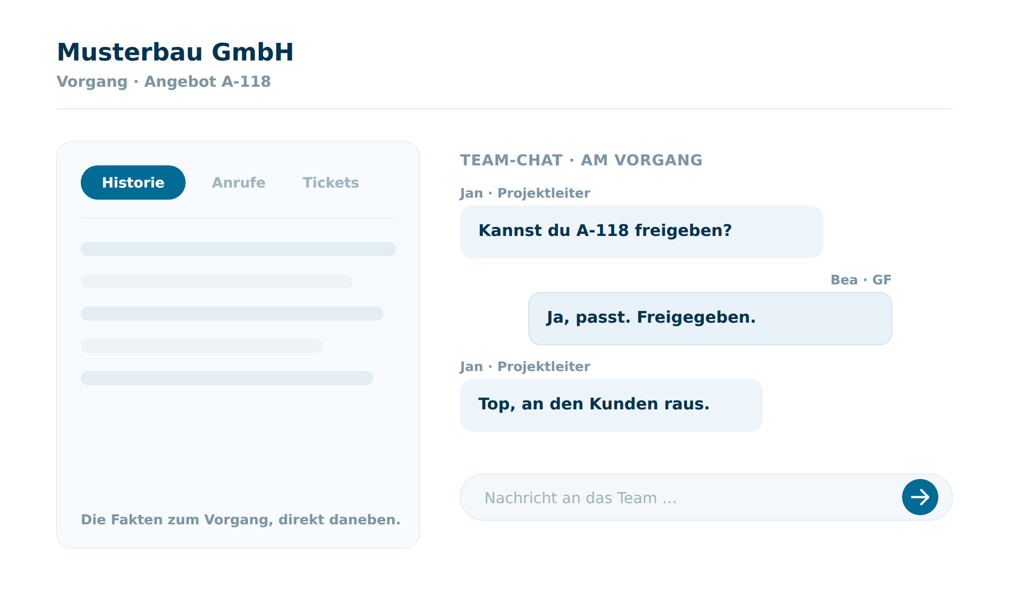 Eine Vorgangsansicht in Octoserv: links der Kontext mit Historie, Anrufen und Tickets, rechts ein Team-Chat am selben Vorgang, in dem eine Freigabe erteilt wird