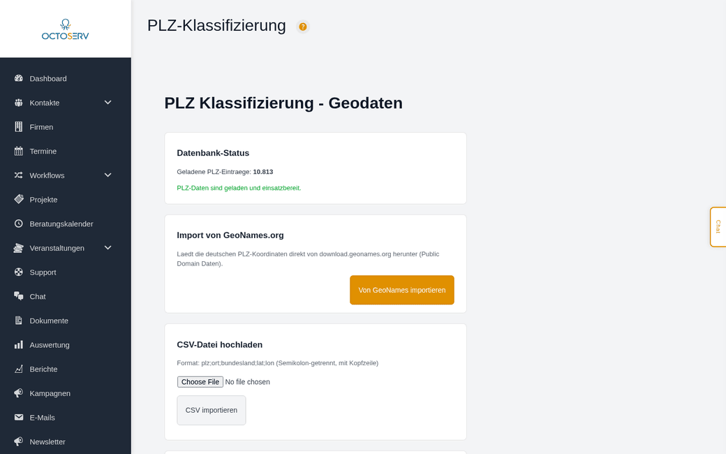 PLZ-Klassifizierung in Octoserv: Geodaten geladen und einsatzbereit, mehr als zehntausend PLZ-Einträge