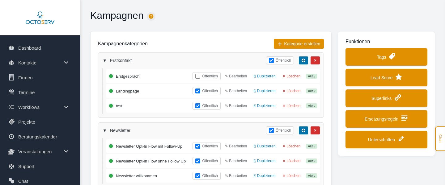 Die Kampagnen-Verwaltung in Octoserv: Kampagnenkategorien wie Erstkontakt und Newsletter mit einzelnen Flows, jeweils aktiv geschaltet, und Funktionen wie Tags, Lead Score und Ersetzungsregeln