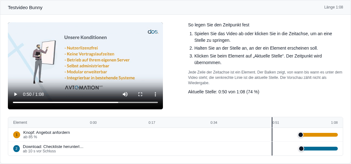 Der Editor in Octoserv: links die Vorschau des Videos, rechts die Erklärung, darunter die Zeitachse mit zwei Elementen und der Linie für die aktuelle Stelle.