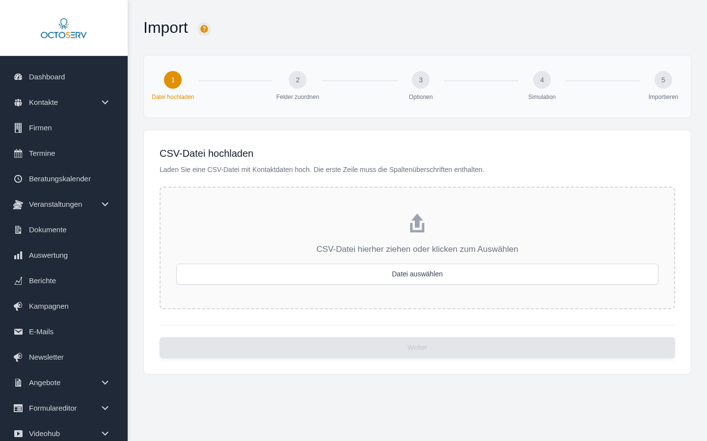 Import-Wizard – Übersicht mit den 5 Schritten