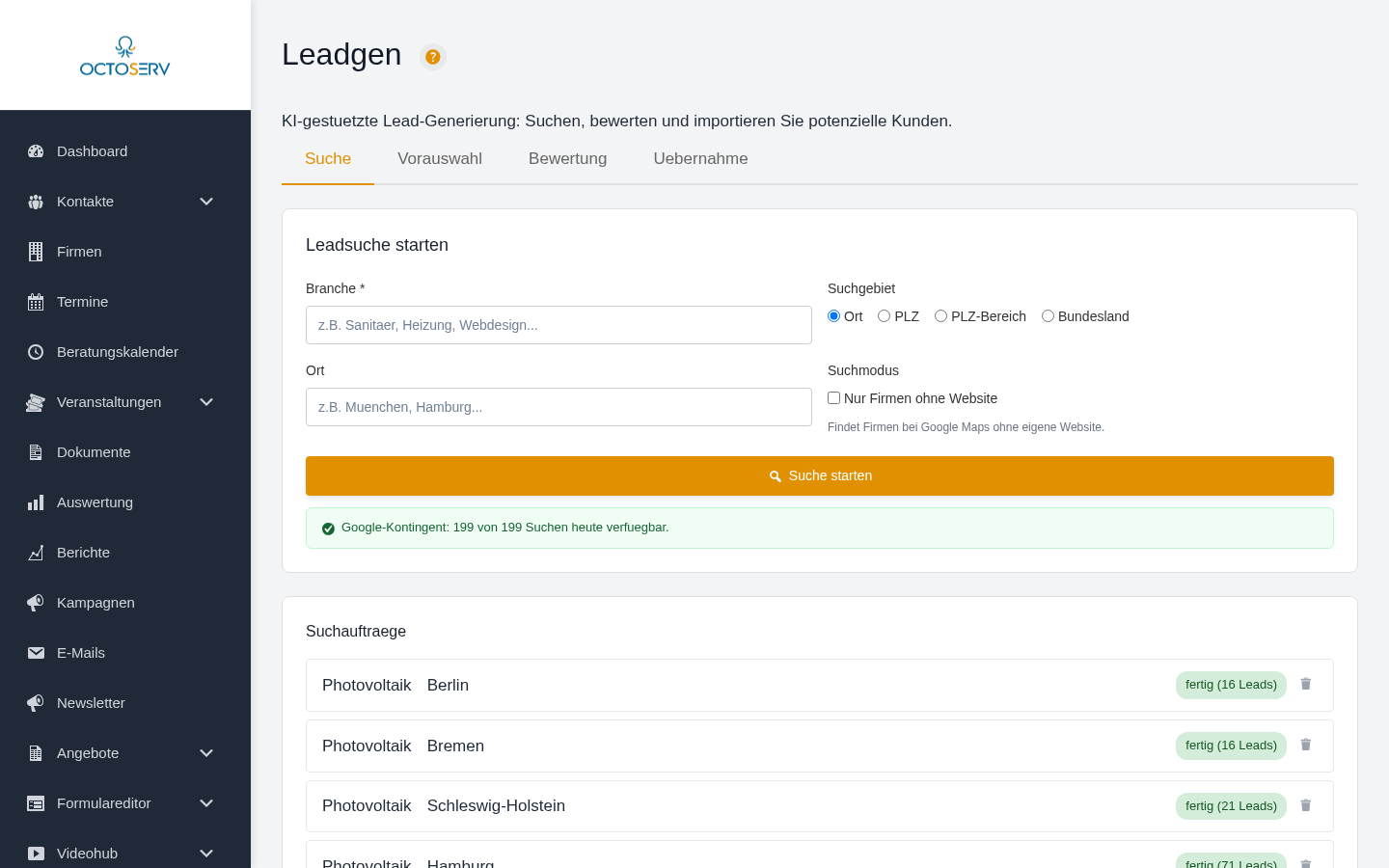 Leadgen-Dialog mit den 5 Tabs