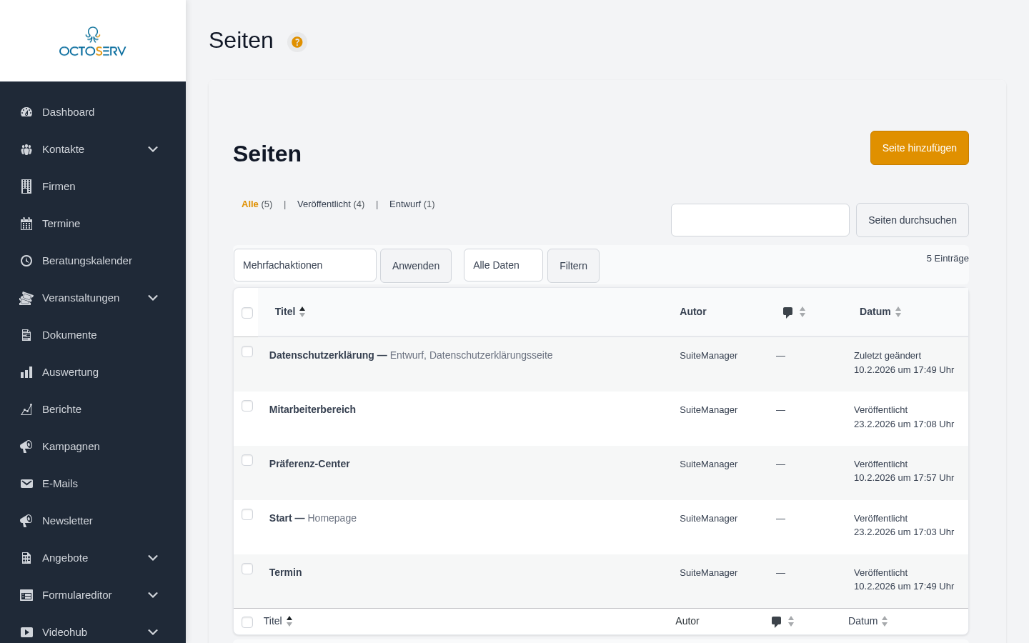 Seiten-Verwaltung mit Seitenliste